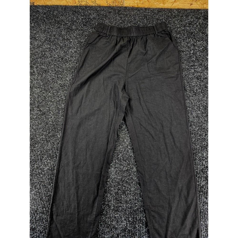 Unbranded Women Black Linen Blend Elastic Waist Straight Leg Pants Size L